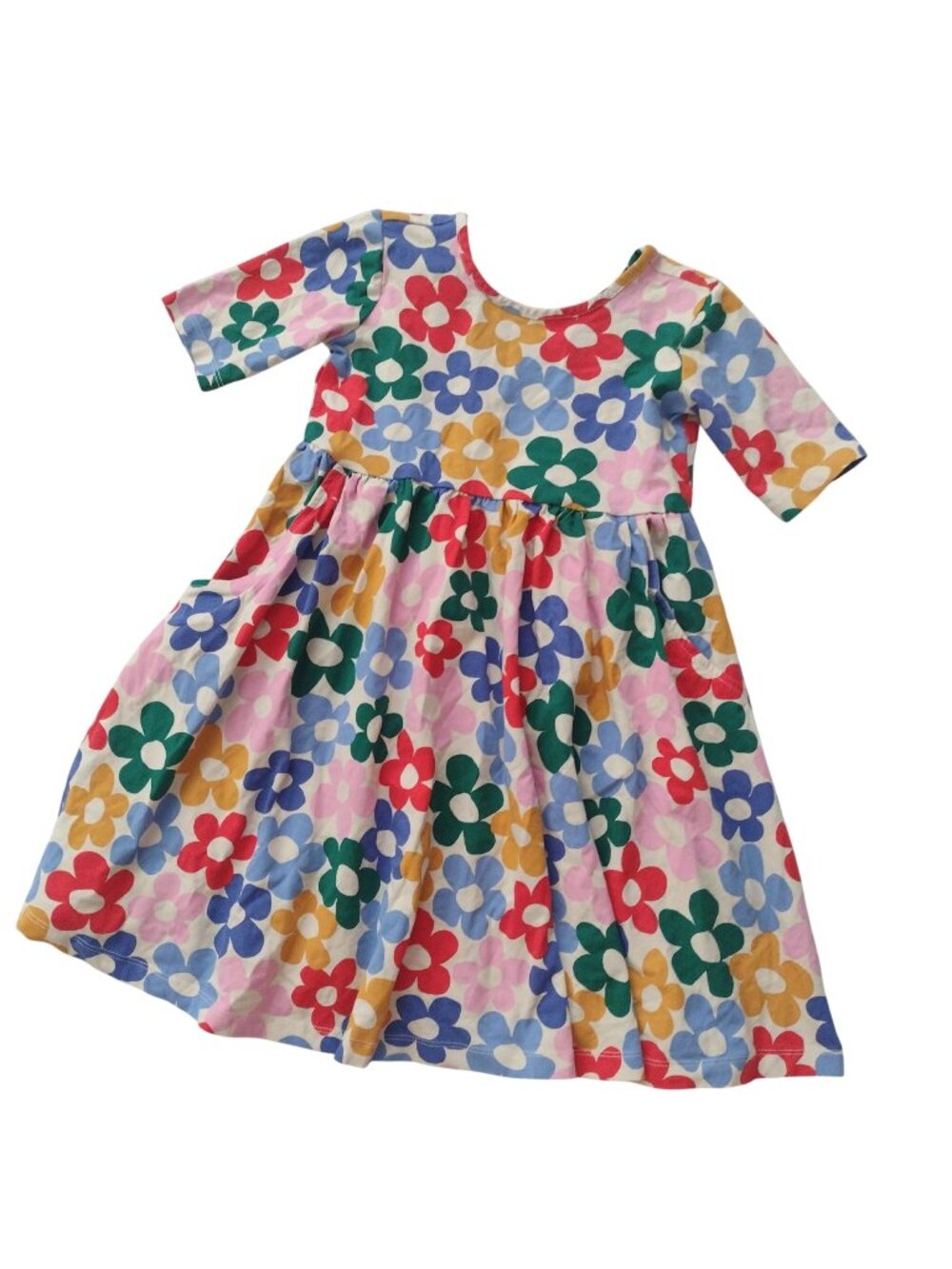 Hanna Andersson Skater Dress 8 Rainbow Daisy Knit Easy Care Midi w POCKETS 130cm